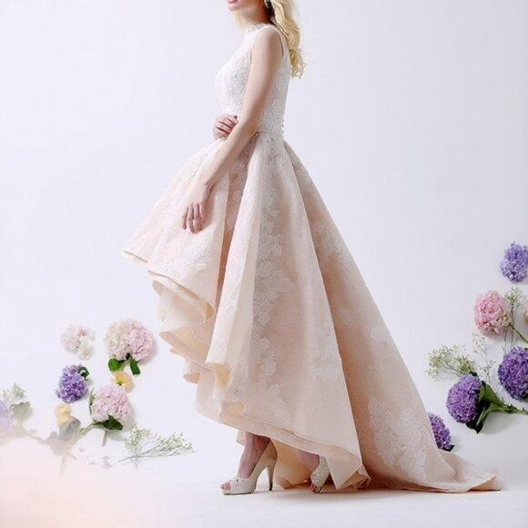 Champagne Lace Wedding Prom Elegant Dress High Low German Designer Size 10 - Picture 4 of 11